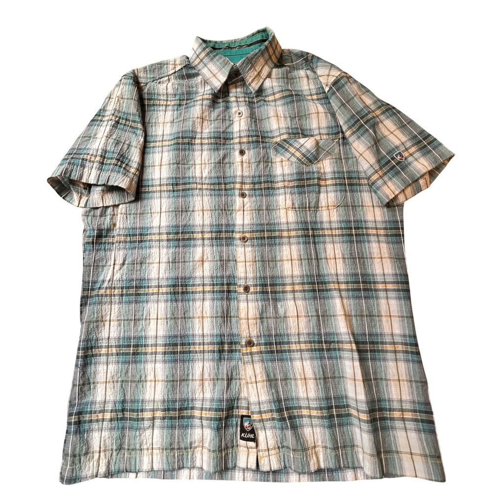 KUHL Plaid Button Down Shirt Medium Teal Short Sleeve Hiking Outdoor